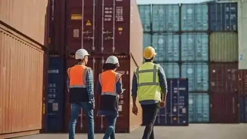 Workers in safety gear at a shipping container facility